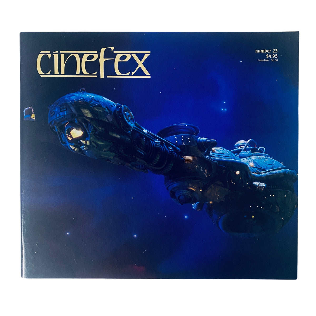 Cinefex Magazine August 1985 No. 23 cover featuring a detailed illustration of a spaceship in a starry backdrop, ideal for fans of cinematic visuals and film effects.