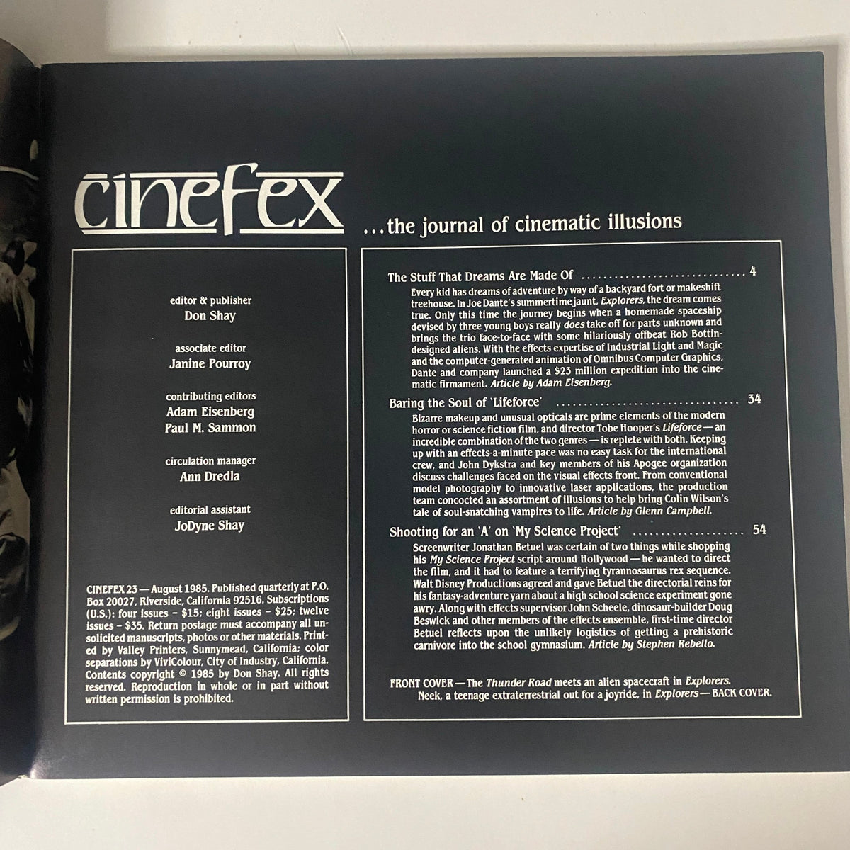 Inside page of Cinefex Magazine August 1985 No. 23, listing articles and features including 'The Stuff That Dreams Are Made Of' and 'Baring the Soul of Lifeforce', showcasing insights into film production.