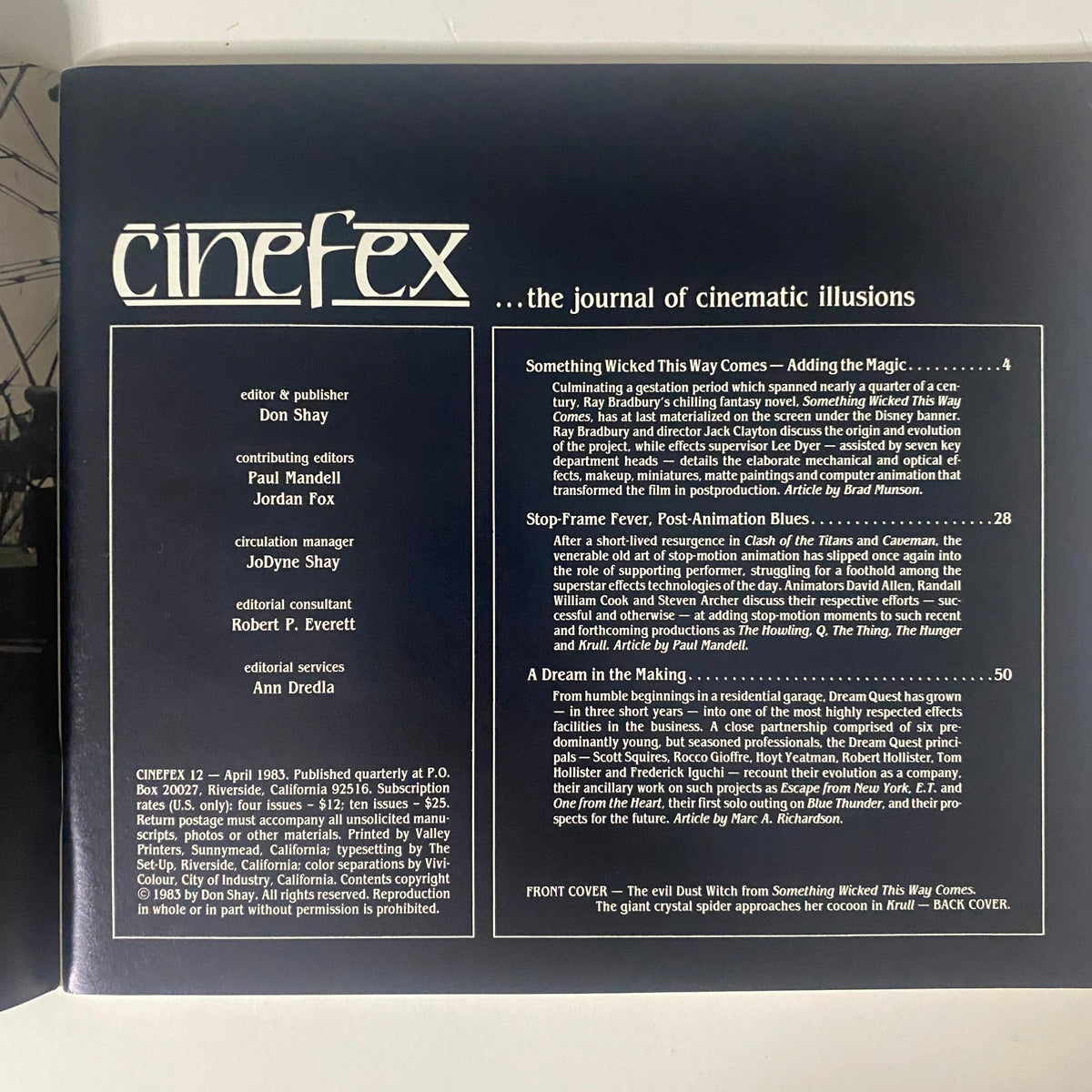 Back cover of Cinefex Magazine April 1983 No. 12, detailing contents and contributors including articles on 'Something Wicked This Way Comes' and stop-motion effects.