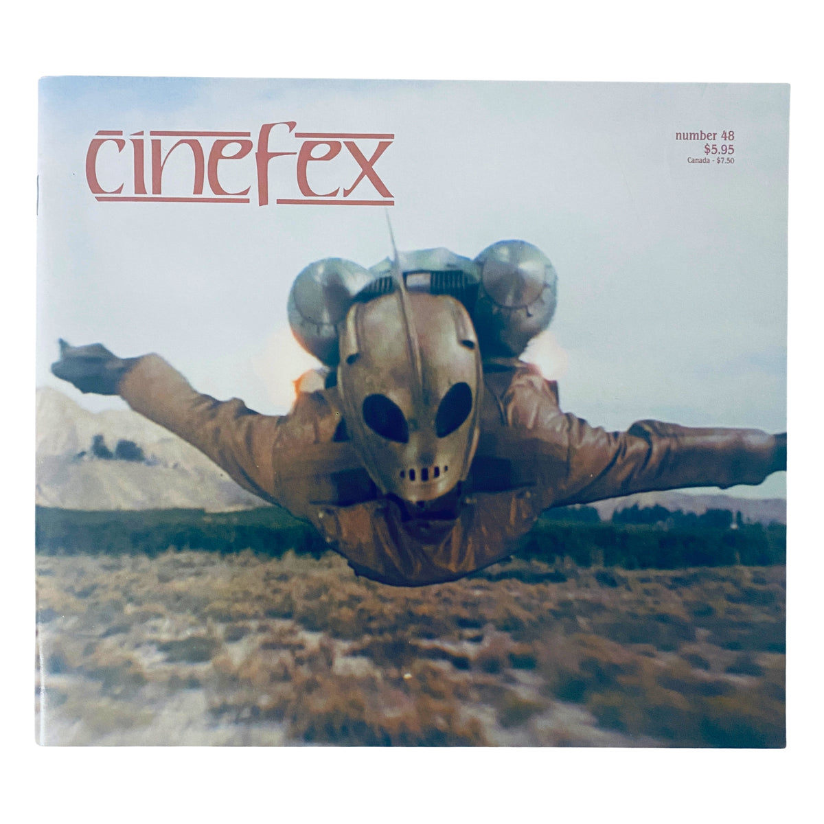 Cinefex Magazine November 1991 No. 48 featuring The Rocketeer on the cover, showcasing a character in a rocket pack flying against a mountainous backdrop, in very good condition.