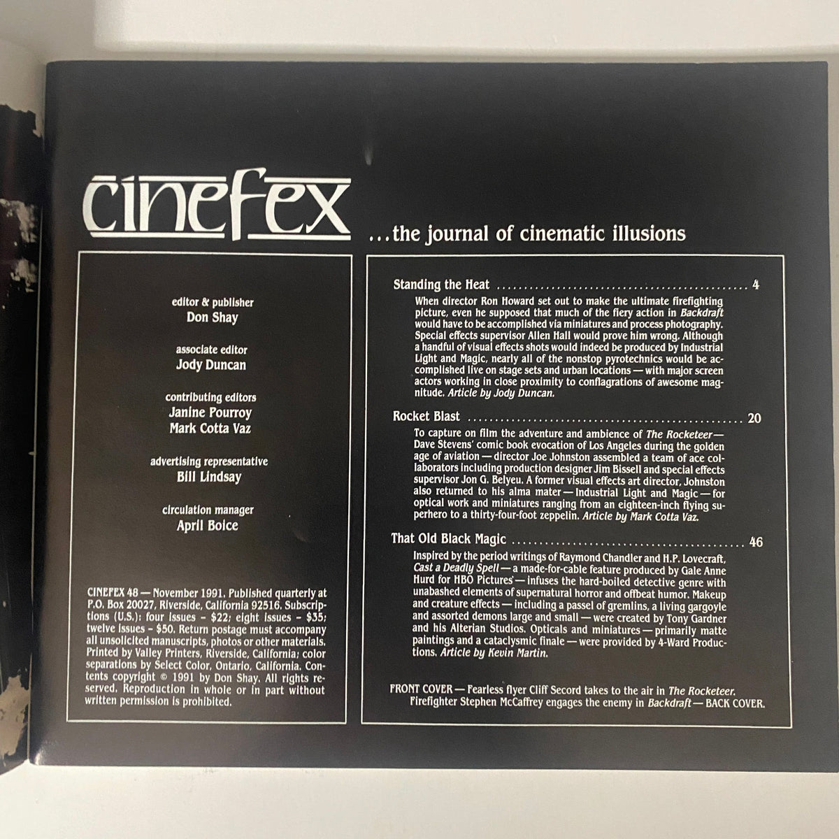 Interior page of Cinefex Magazine November 1991 No. 48 listing articles including 'Standing the Heat' and 'Rocket Blast', providing insights on special effects in films like The Rocketeer and Backdraft.