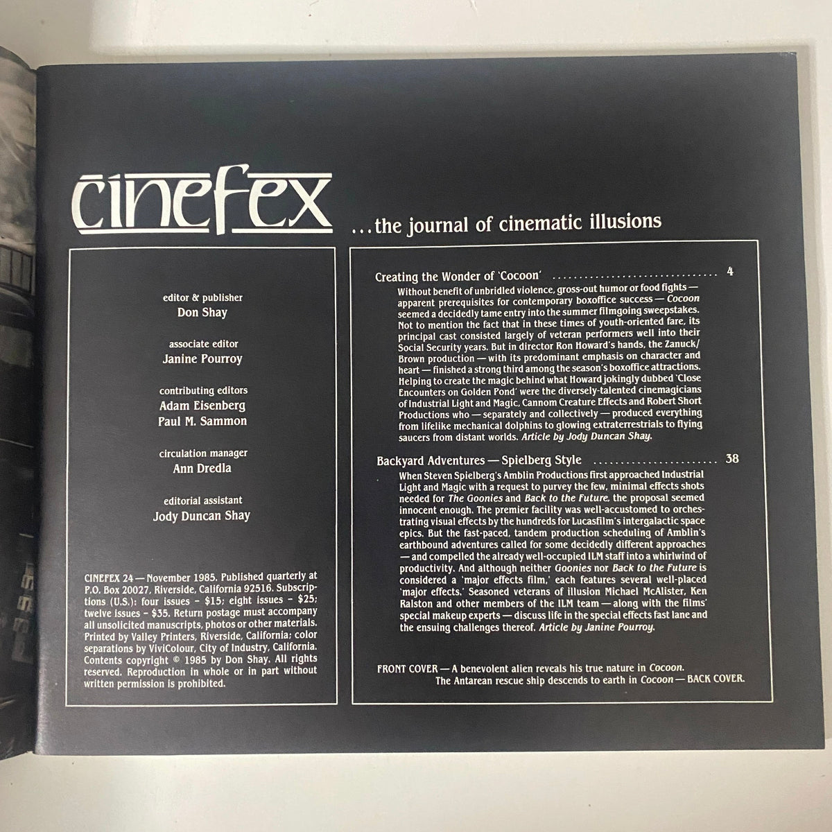 Contents page of Cinefex Magazine November 1985 No. 24 highlighting articles on 'Cocoon' and 'Backyard Adventures – Spielberg Style.' Detailed overview of visual effects and filmmaking.