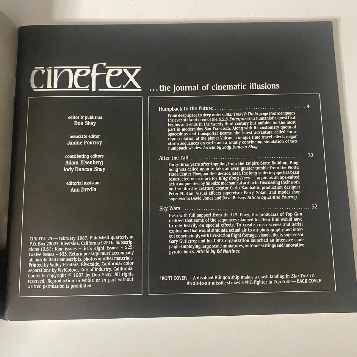 Cinefex Magazine February 1987 No. 29 interior page featuring the table of contents, listing articles on visual effects for films like Star Trek IV and Top Gun.