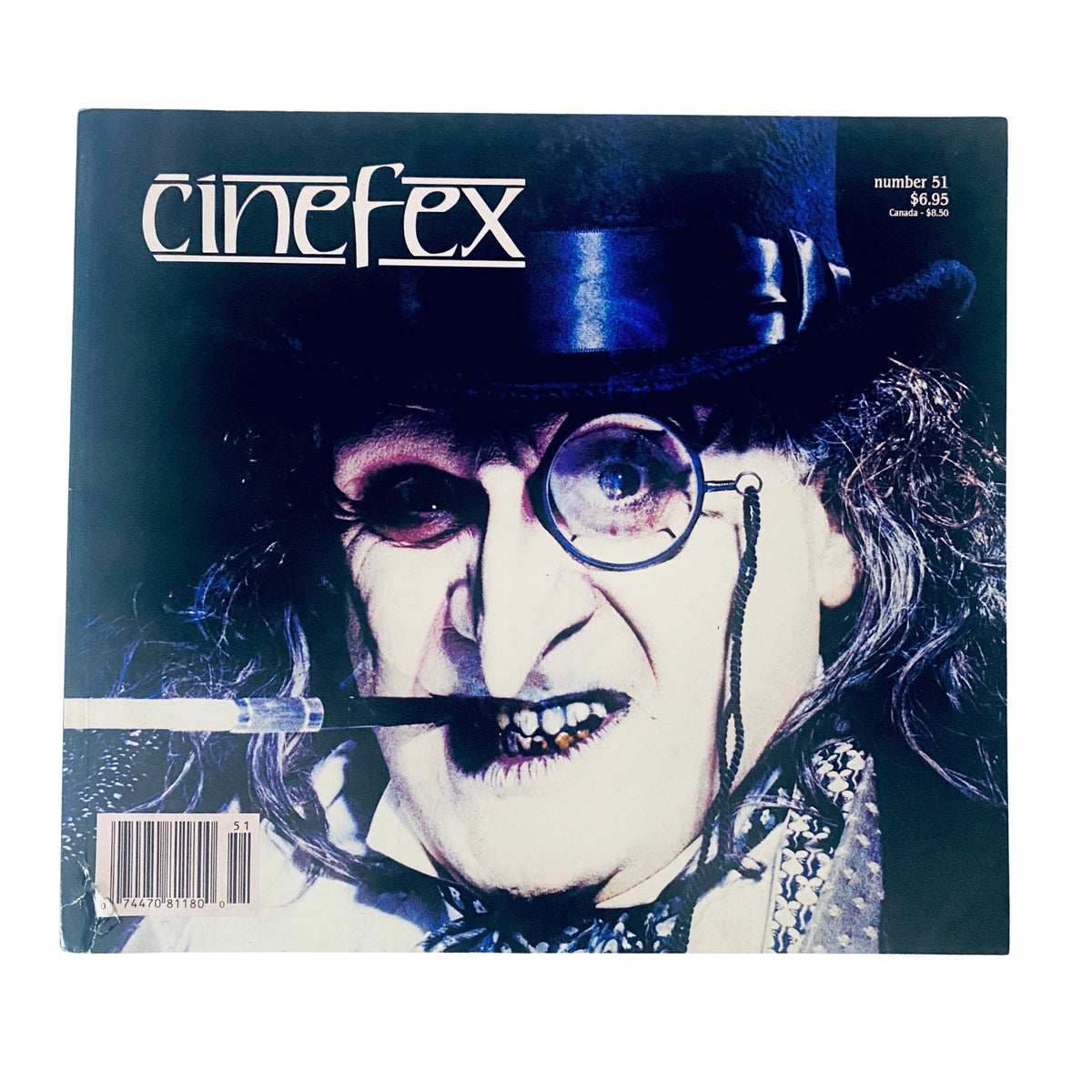 Cinefex Magazine August 1992 No. 51 featuring a cover image of the character The Penguin from Batman Returns, showcasing detailed makeup and costume design. A collectible issue for fans of visual effects and superhero cinema.