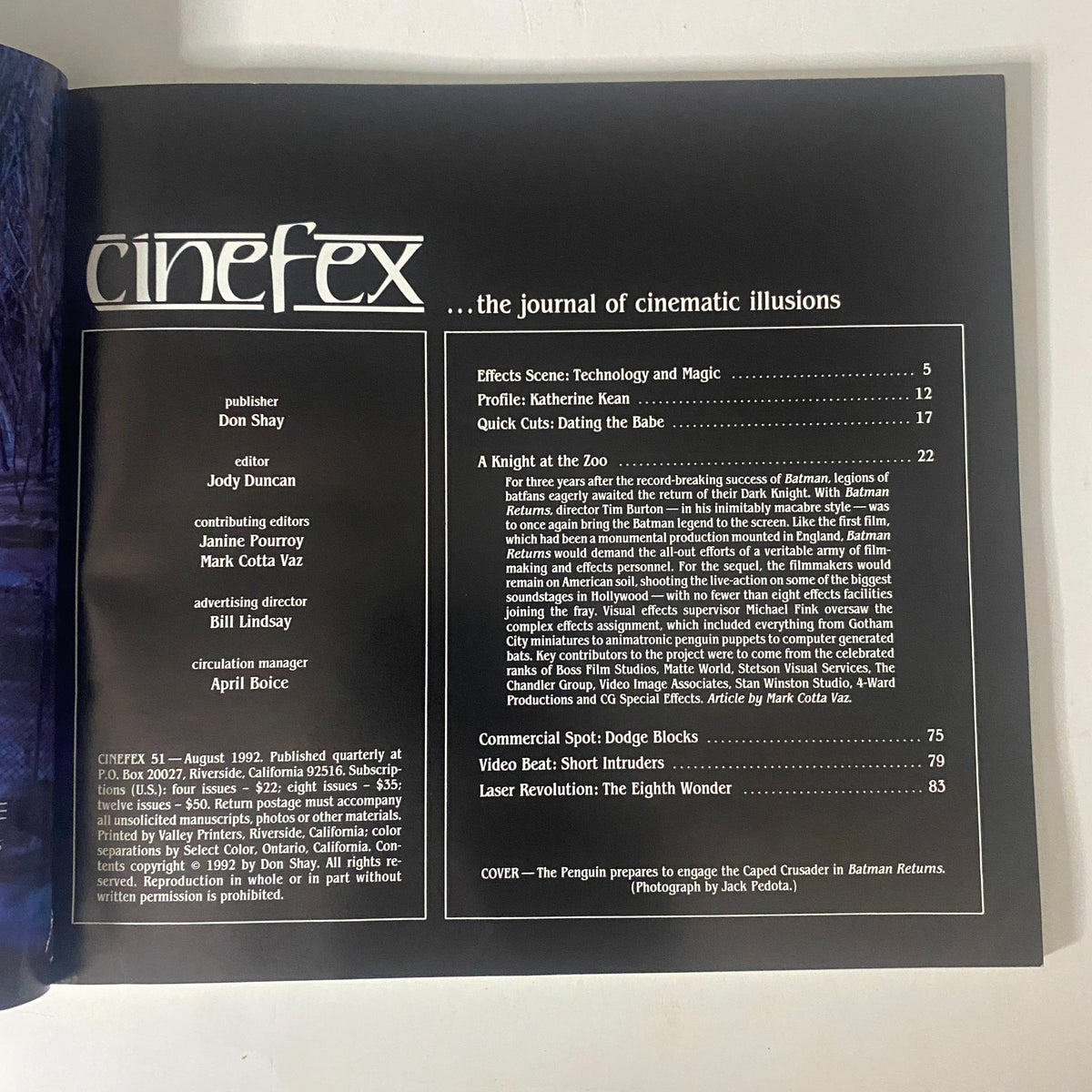 Table of contents for Cinefex Magazine August 1992 No. 51 Batman Returns, featuring articles on visual effects and film profiles.