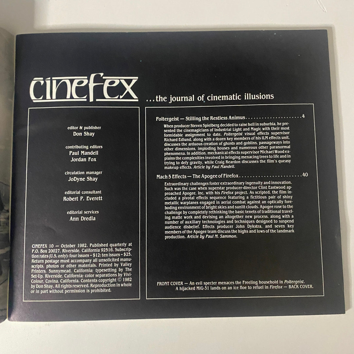 Cinefex Magazine October 1982 No. 10 showcasing the contents page including articles on Poltergeist and Firefox.