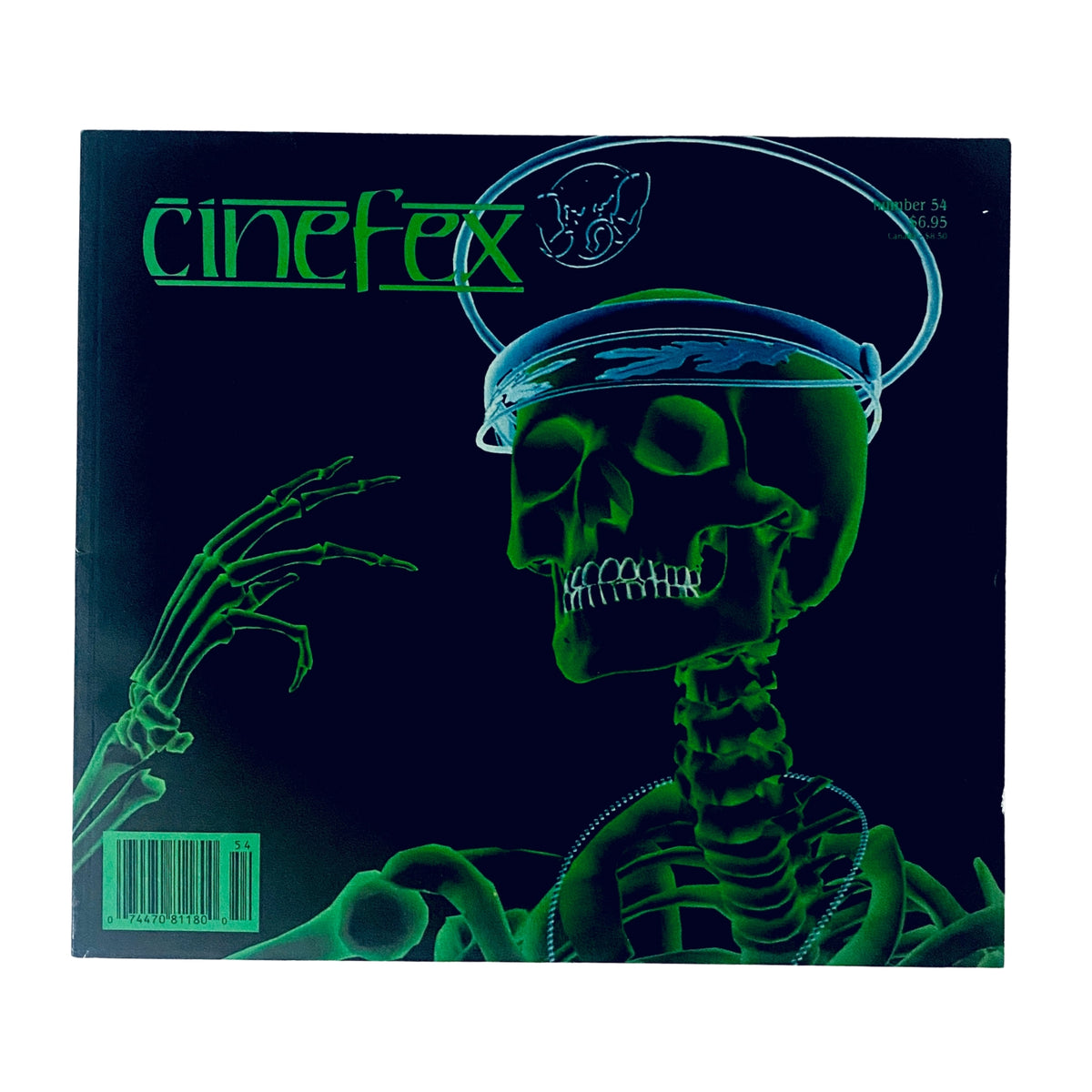 Cover image of Cinefex Magazine, May 1993, Issue No. 54, featuring an eerie green X-ray of a skeleton wearing a military helmet. This issue focuses on X-ray surveillance in the film 'Toys' and highlights innovative visual effects techniques.