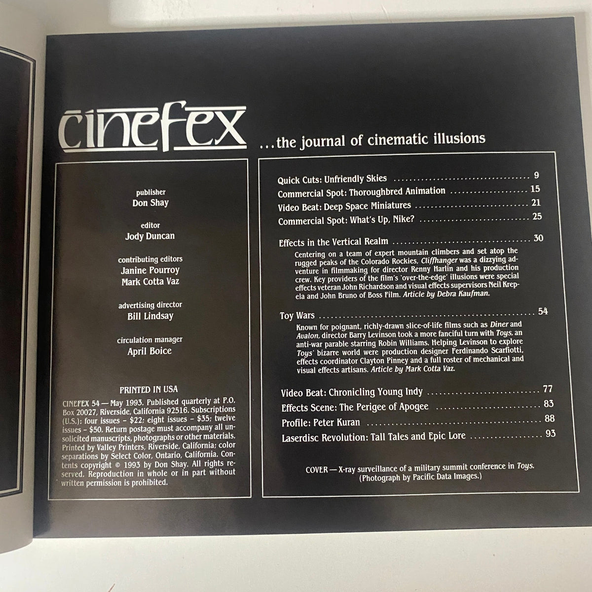 Cinefex Magazine May 1993 No. 54 table of contents highlighting articles on visual effects used in films like Toys, including a section on X-ray surveillance.
