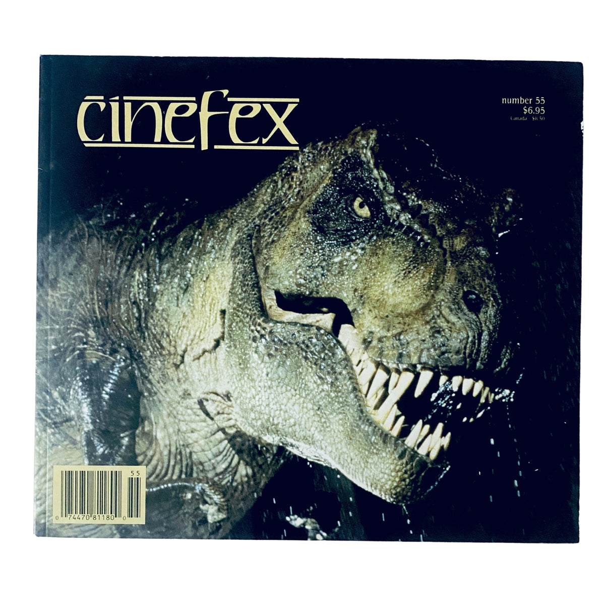 Cinefex Magazine August 1993 No. 55 featuring the iconic Tyrannosaurus rex from Jurassic Park on the cover. This collectible issue highlights revolutionary visual effects in the film, showcasing the blend of practical effects and CGI.