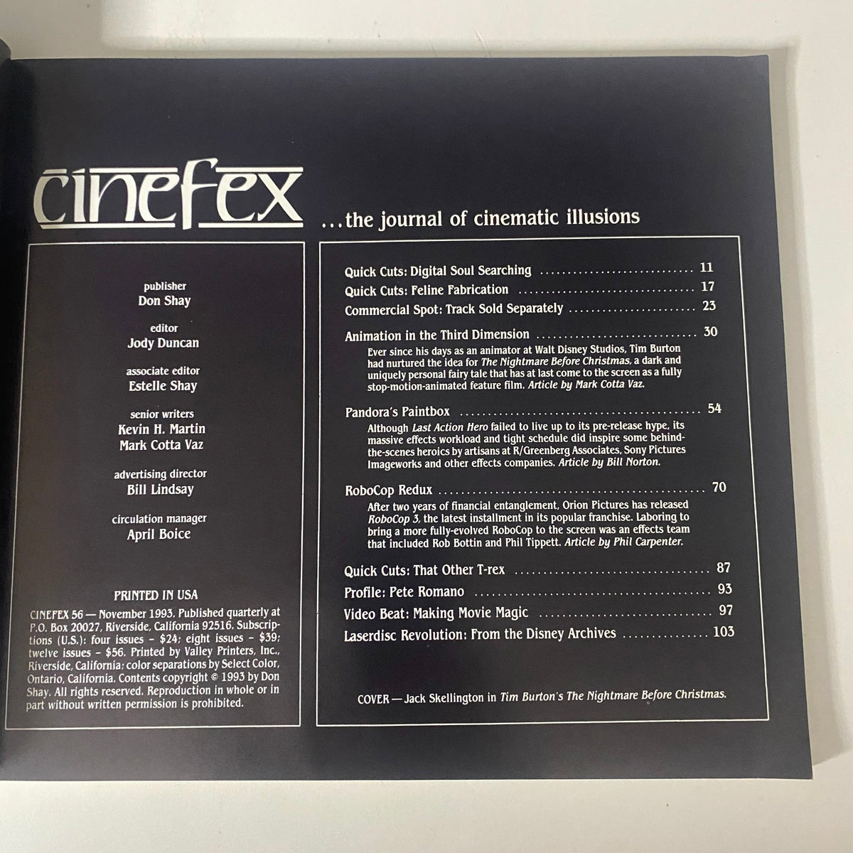 Inside contents page of Cinefex Magazine November 1993 No. 56, detailing articles such as 'Quick Cuts: Digital Soul Searching' and 'Animation in the Third Dimension'.