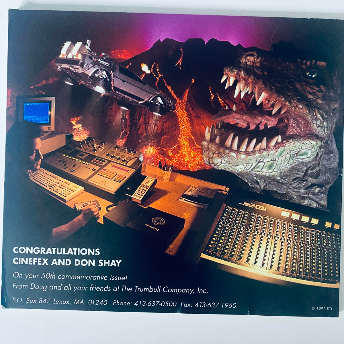 Cinefex Magazine May 1992 Issue No. 50 celebratory page congratulating Cinefex and Don Shay on their 50th issue, featuring a visual montage including a dragon and a DeLorean.