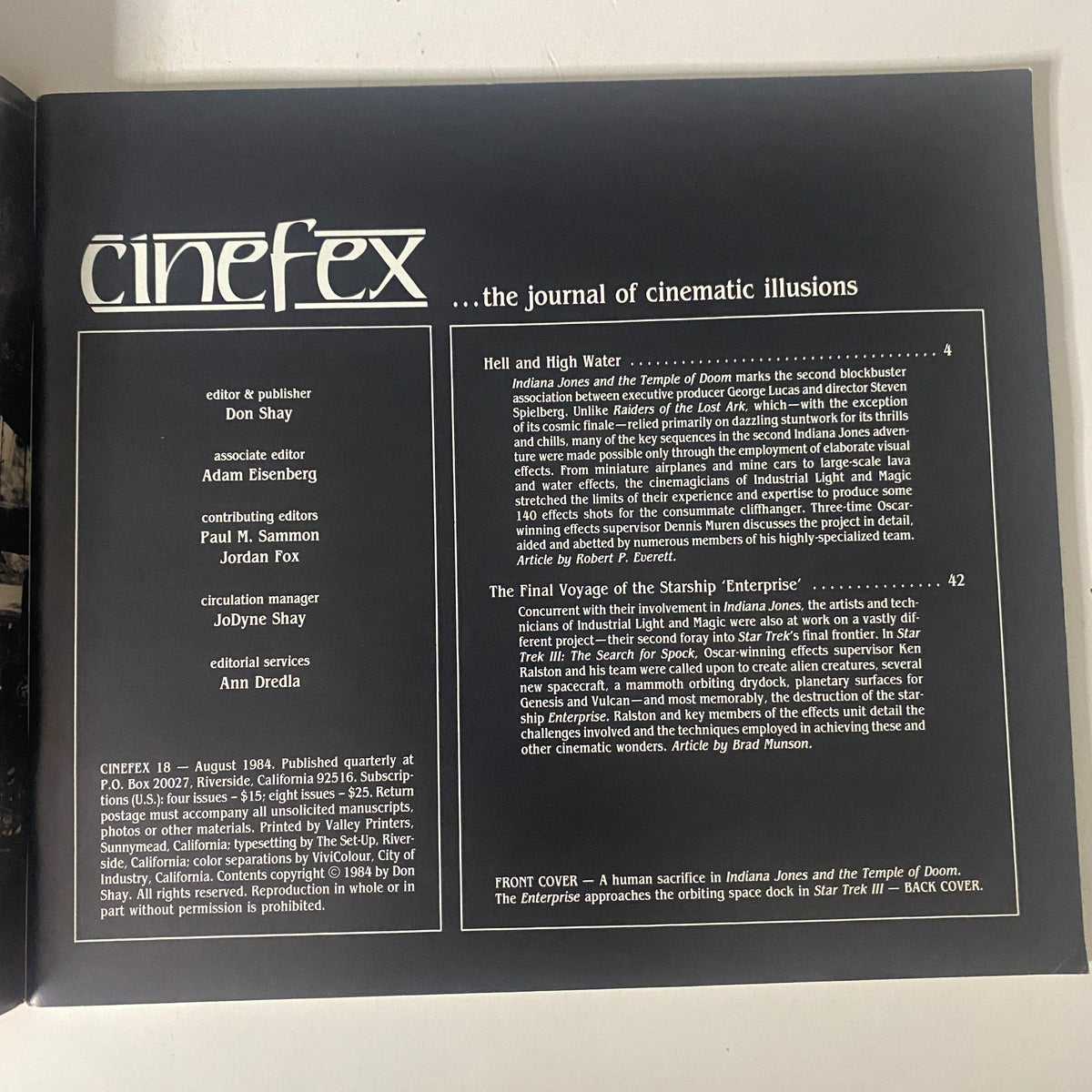 Cinefex Magazine August 1984 No. 18 page with editorial details and contents, including articles on Indiana Jones & the Temple of Doom and Star Trek III: The Search for Spock.