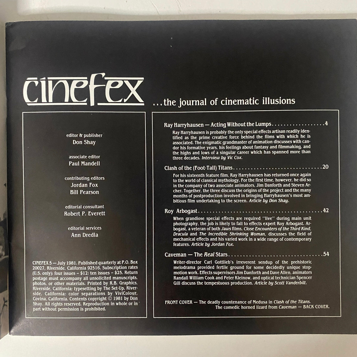 Cinefex Magazine July 1981 No. 5 back cover showcasing the magazine's contents and credits.