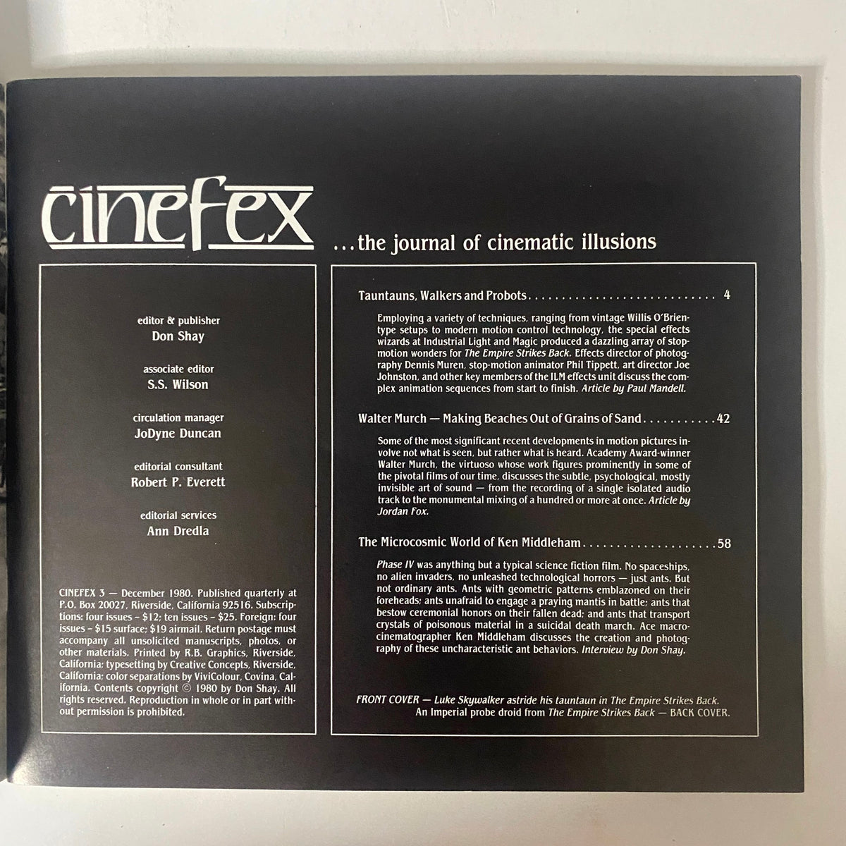 Back cover of Cinefex Magazine December 1980 No. 3 includes a detailed contents listing featuring insights into the making of The Empire Strikes Back and other cinematic innovations.