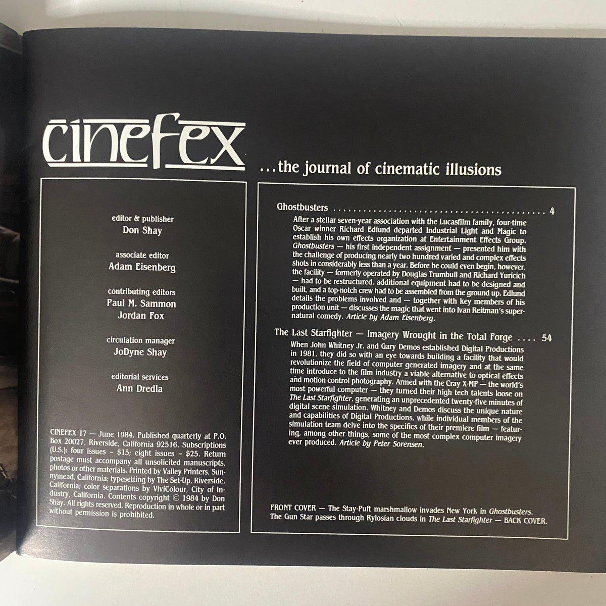 Inside page of Cinefex Magazine June 1984 No. 17, detailing the editorial team and topics covered, including Ghostbusters and The Last Starfighter.