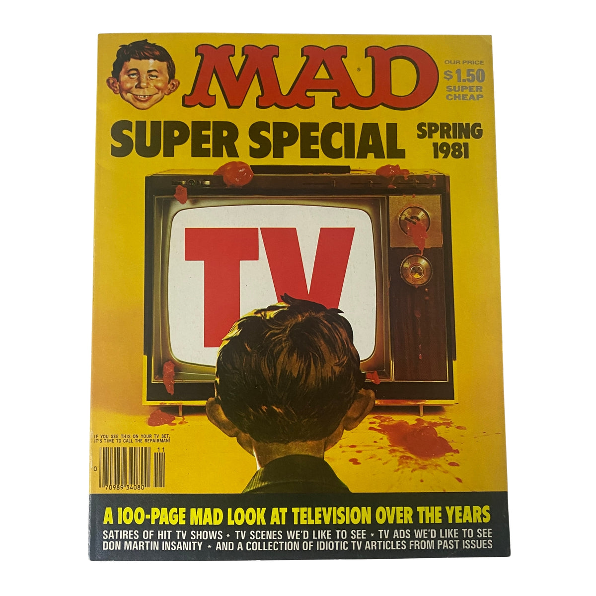 Cover of Mad Magazine Spring 1981 No. 34 Super Special TV featuring a boy with a TV screen background stating 'TV'. A classic collectible edition showcasing television satire.