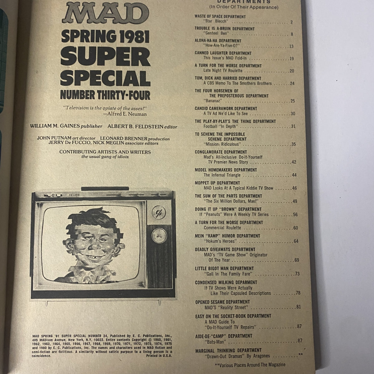 Interior page from Mad Magazine Spring 1981 No. 34 Super Special TV displaying the contents list, detailing various comedic departments and features included in this issue.