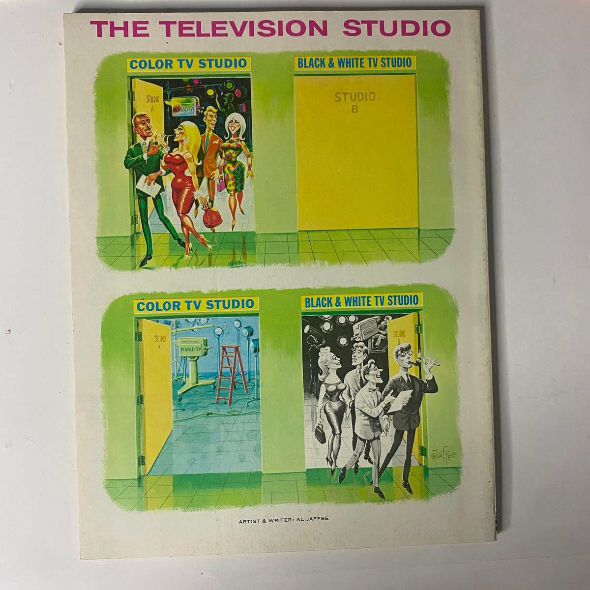 Back cover illustration from Mad Magazine Spring 1981 No. 34 Super Special TV, titled 'The Television Studio', showcasing colorful graphics depicting various TV studio settings.