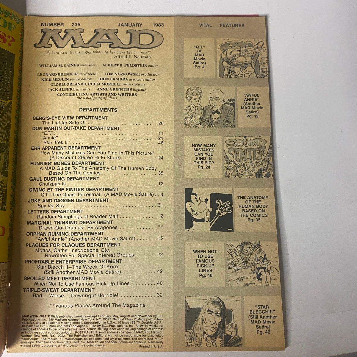 Table of contents from Mad Magazine January 1983 No. 236 featuring vital features and departments including Spy vs. Spy and E.T. parody.