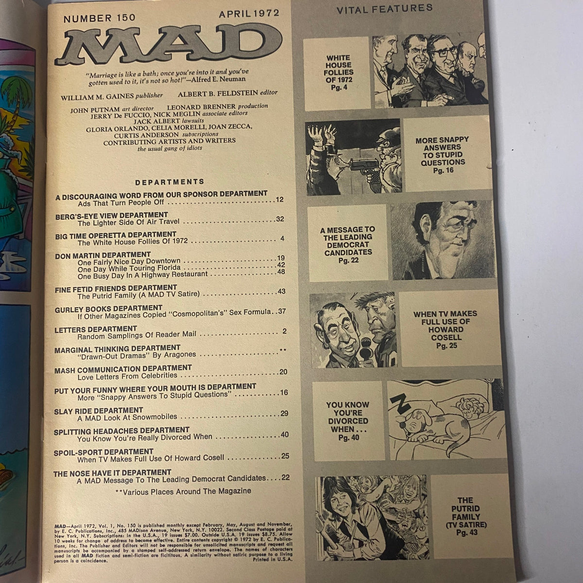 Table of contents page from Mad Magazine April 1972 No. 150, detailing various departments and features including 'White House Follies' and 'More Snappy Answers to Stupid Questions'.