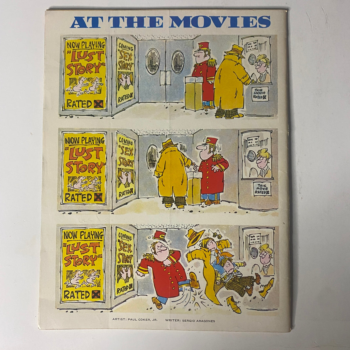 Back cover of Mad Magazine April 1972 No. 150, illustrating a humorous comic strip titled 'At the Movies' featuring characters in a comedic scenario.