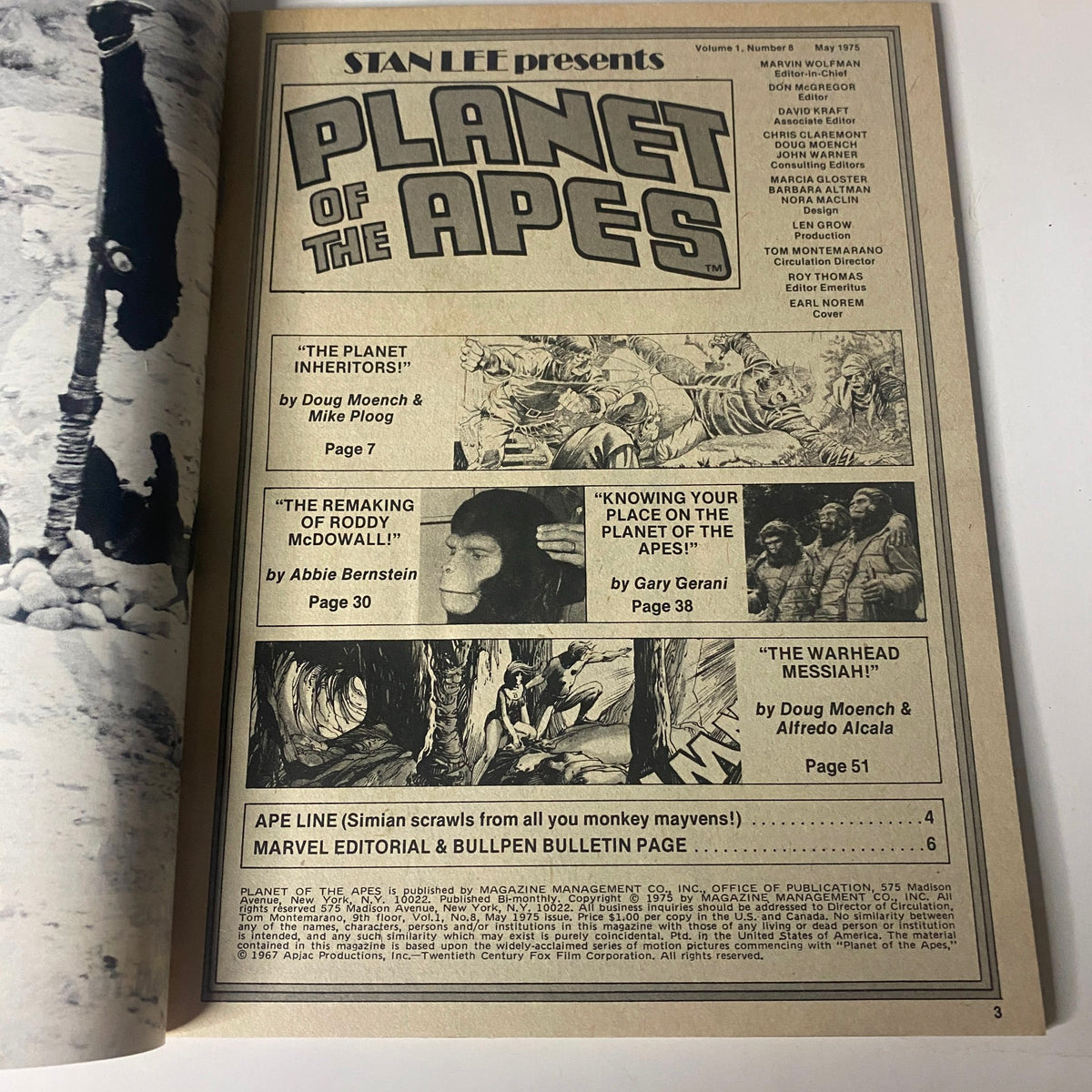 Cover page of Planet of the Apes May 1975 Issue No. 8 featuring stories like 'The Planet Inheritors' and 'The Warhead Messiah' with illustrations by Doug Moench, highlighting the sci-fi comic's legacy.