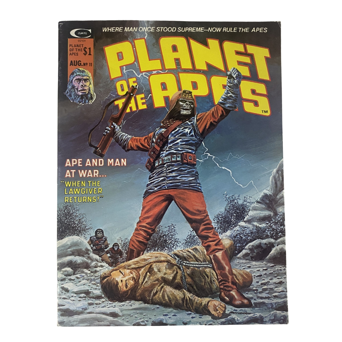 Cover of Planet of the Apes August 1975 Issue No. 11 titled 'Ape and Man at War', featuring a dramatic illustration of a soldier amidst a battle scene with an ape, set in the sci-fi universe.