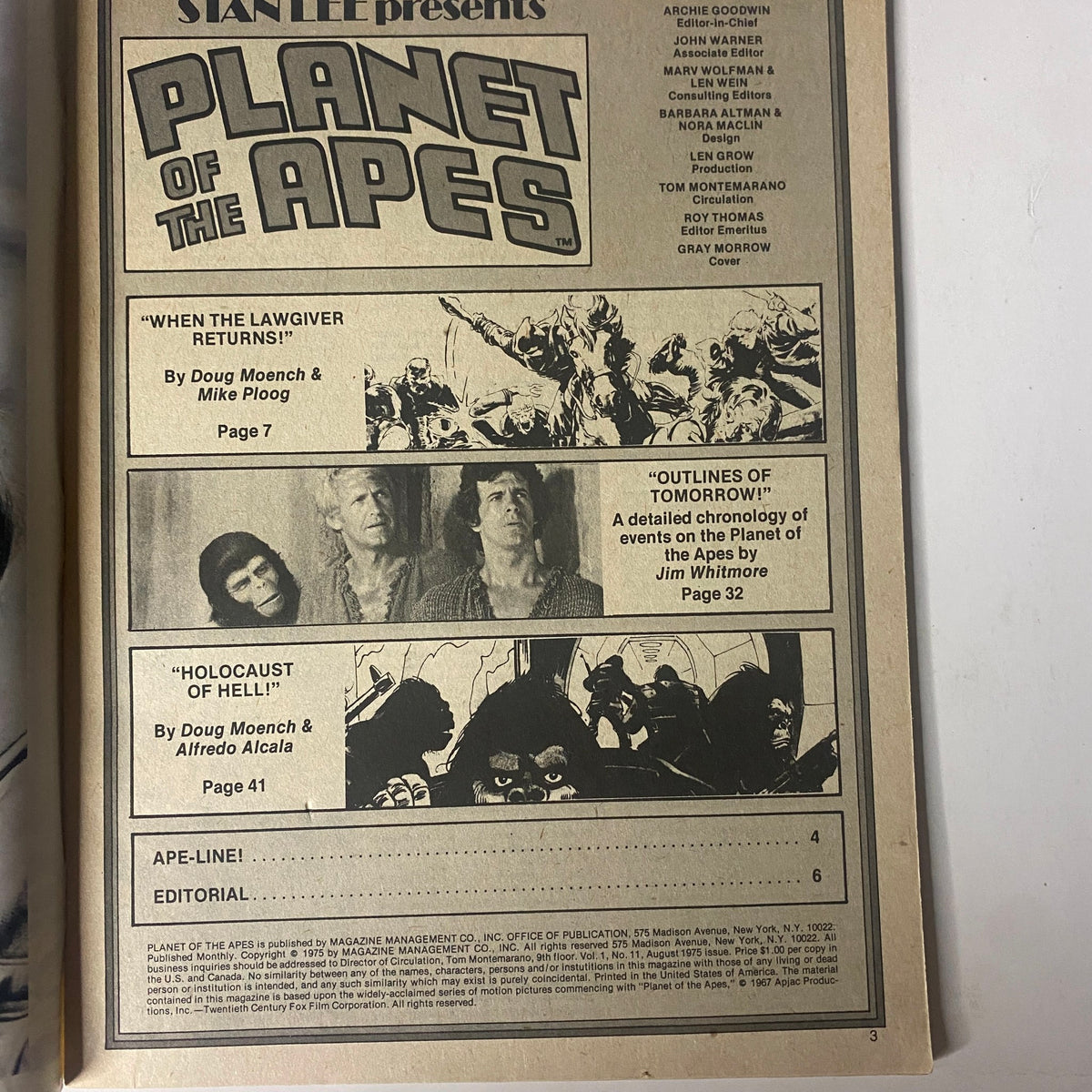 Interior page of Planet of the Apes August 1975 Issue No. 11, listing stories including 'When the Lawgiver Returns!', 'Outlines of Tomorrow!', and 'Holocaust of Hell!', showcasing sections and editorial details.