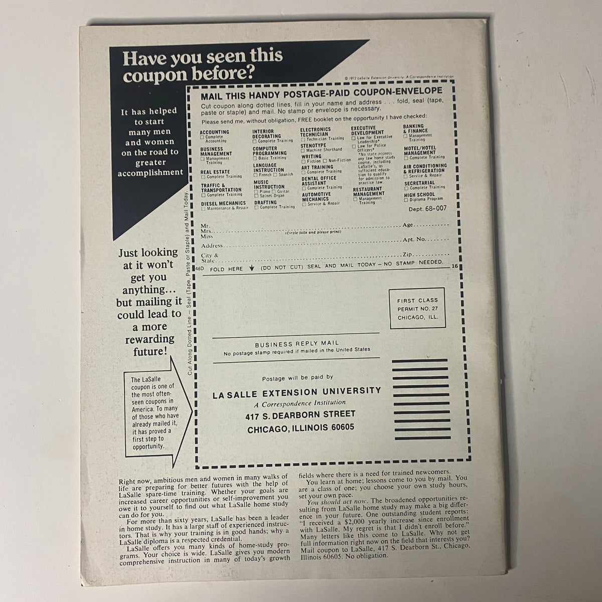 Back cover of the 'Planet of the Apes August 1975 No. 11 Ape and Man at War 6.0 Fine FN' magazine featuring a promotional coupon advertisement for La Salle Extension University, showcasing mailing instructions and a service offer.