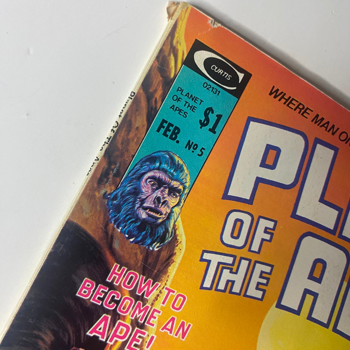 Close-up of the Planet of the Apes February 1975 No. 5 magazine showing the top corner and a detailed portrait of an ape character.