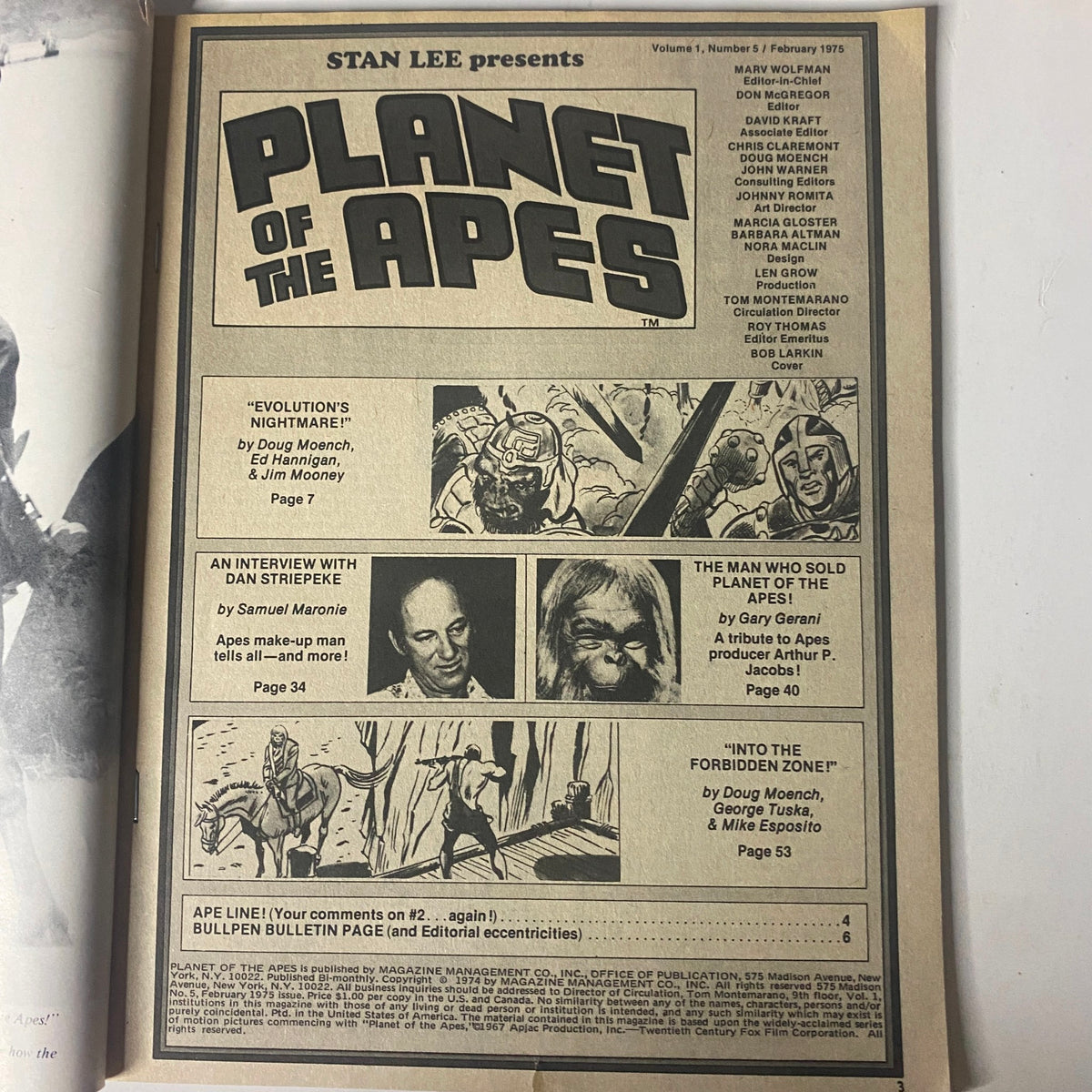 Inside page of Planet of the Apes February 1975 No. 5 showcasing contents and articles including 'Evolution's Nightmare!' and interviews associated with the franchise.