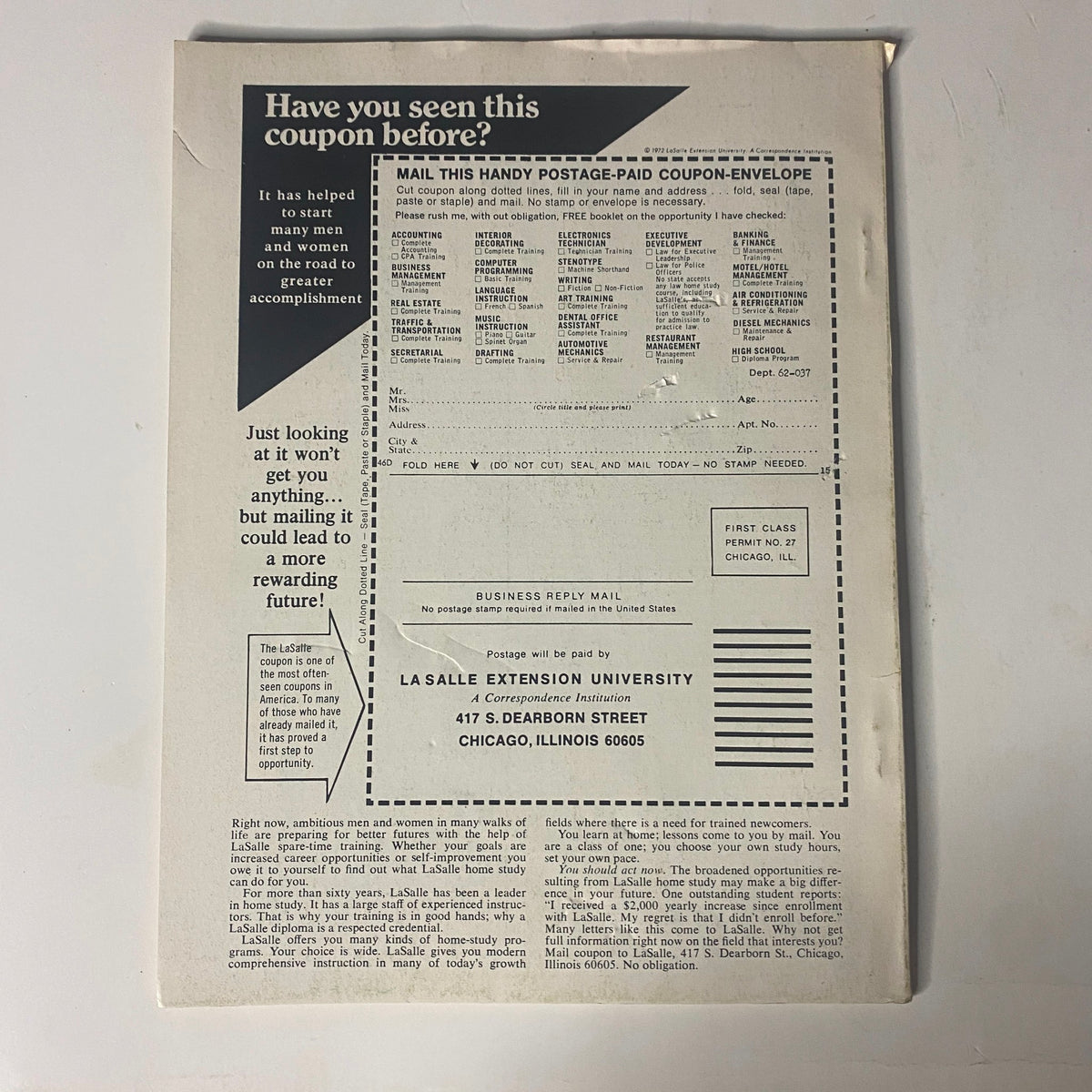 Back cover of Planet of the Apes February 1975 No. 5 How To Become an Ape, featuring a coupon advertisement for La Salle Extension University.