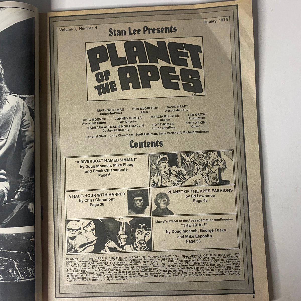 Interior page of Planet of the Apes January 1975, Issue No. 4, presenting the contents including stories like 'A Riverboat Named Simian!' and features on the franchise.