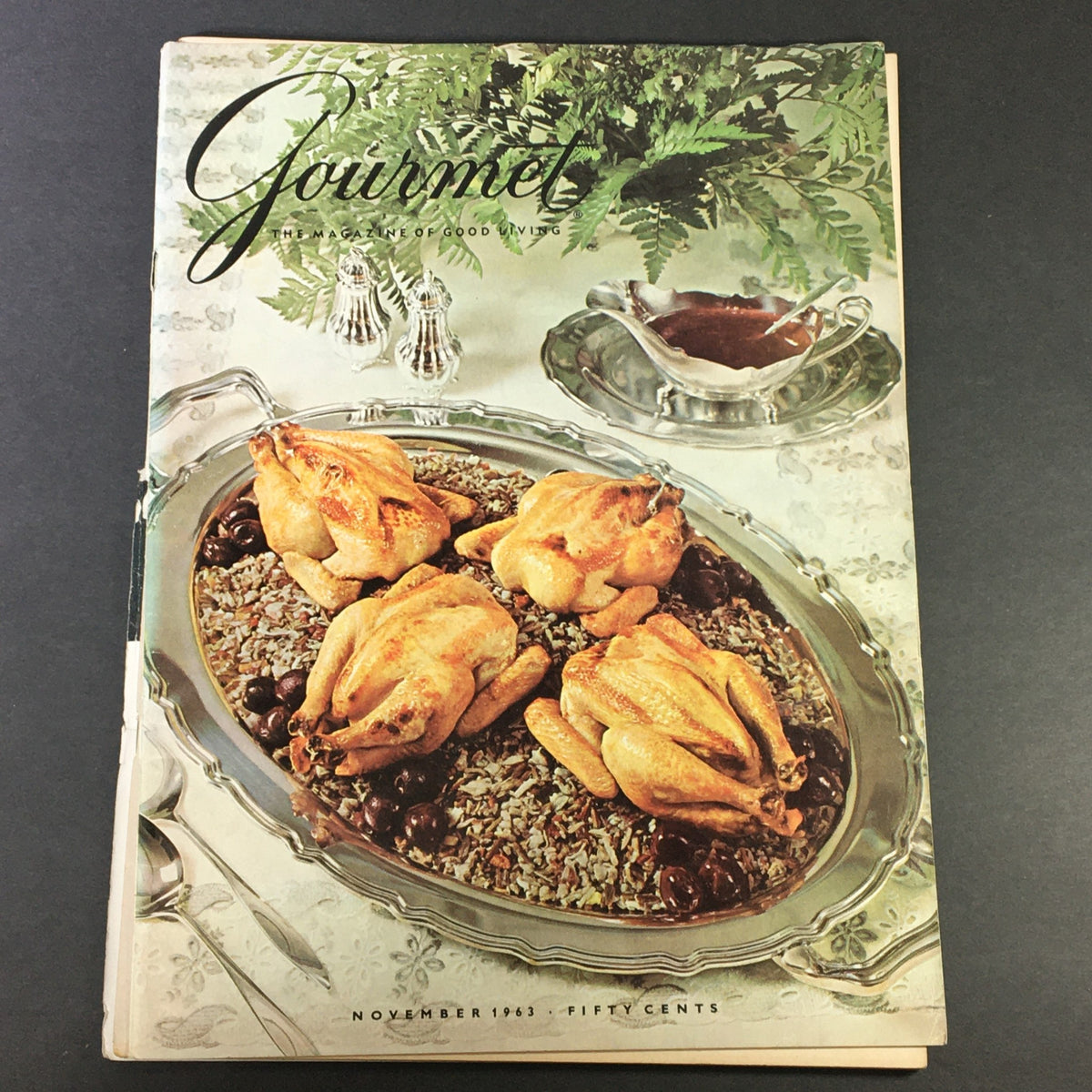 VTG Gourmet The Magazine of Good Living November 1963 cover featuring roasted chickens on a platter with rice and olives.