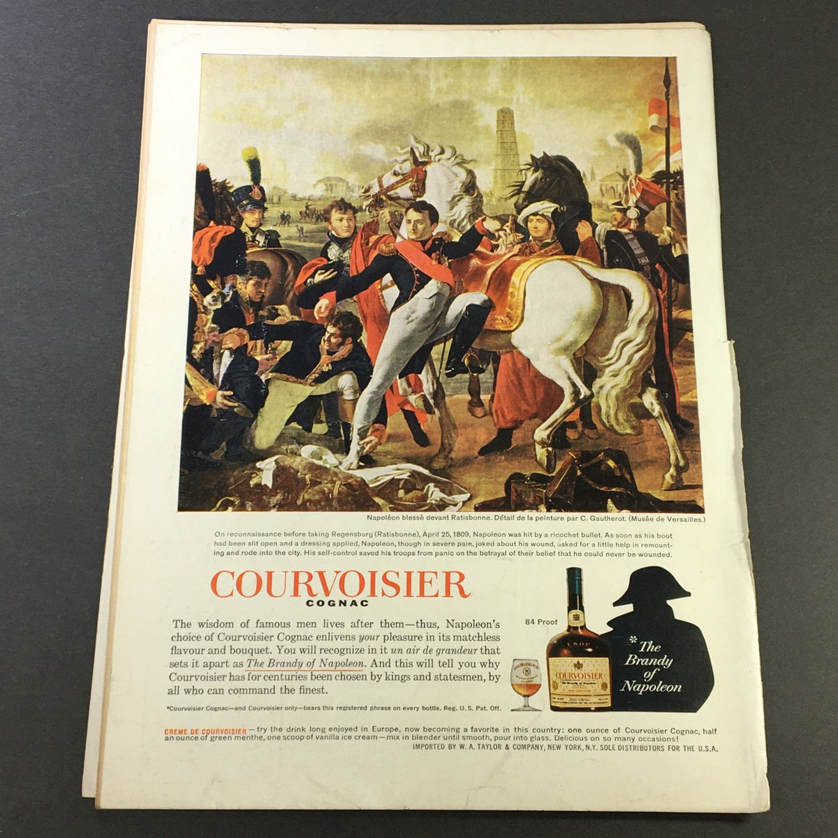 Back cover of VTG Gourmet The Magazine of Good Living November 1963 featuring an advertisement for Courvoisier Cognac with historical artwork.