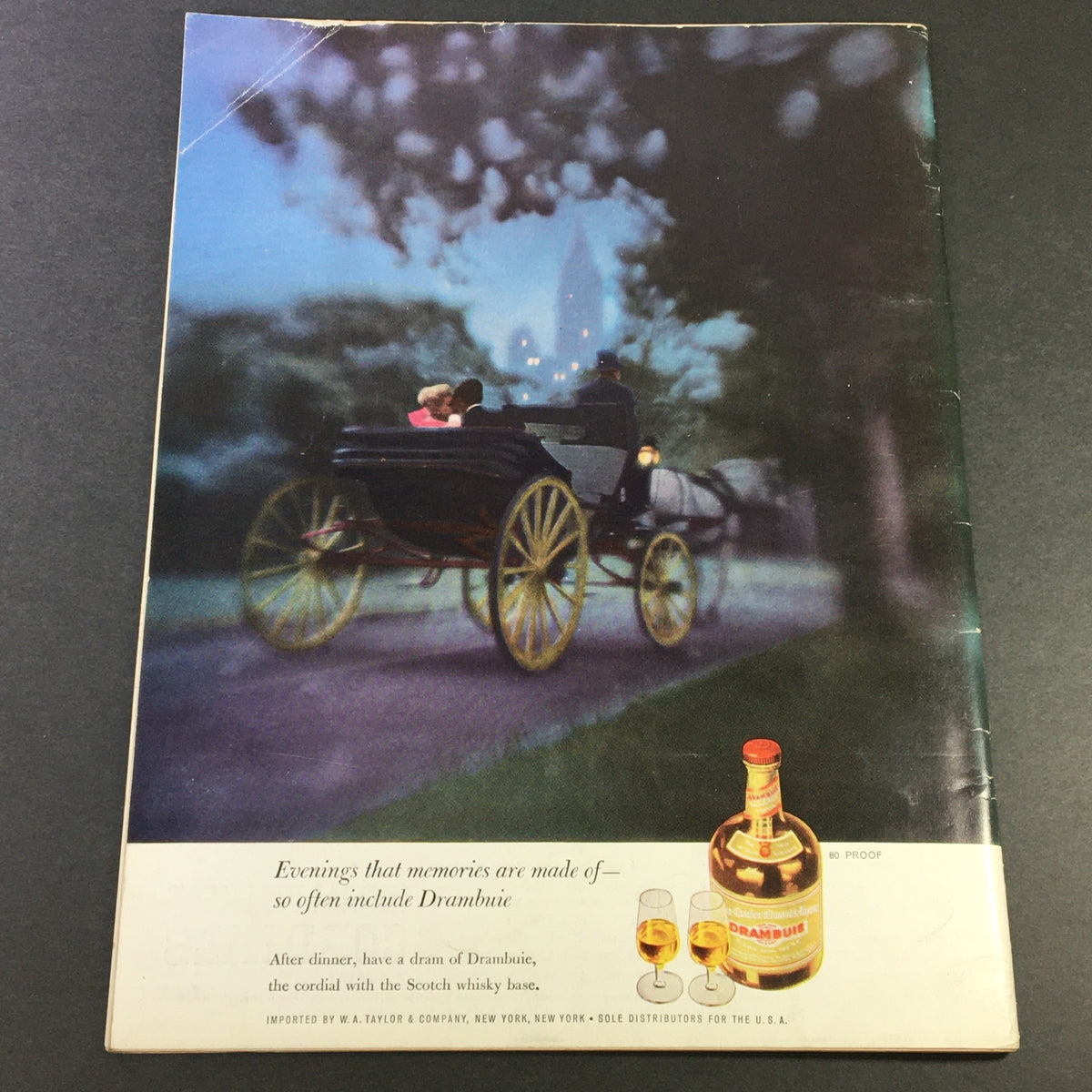 Vintage advertisement for Drambuie with a nostalgic horse-drawn carriage scene in the VTG Gourmet Magazine September 1963.