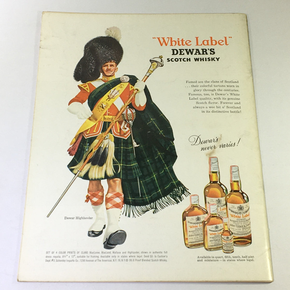 Back cover of VTG Gourmet The Magazine of Good Living January 1963 showcasing an advertisement for Dewar's Scotch Whisky, featuring a Scottish soldier in traditional attire.