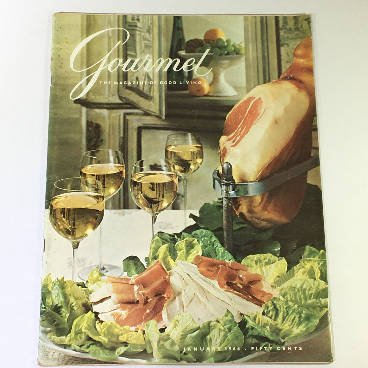 Cover of VTG Gourmet The Magazine of Good Living January 1964 featuring gourmet dishes with lettuce, ham, and wine glasses.