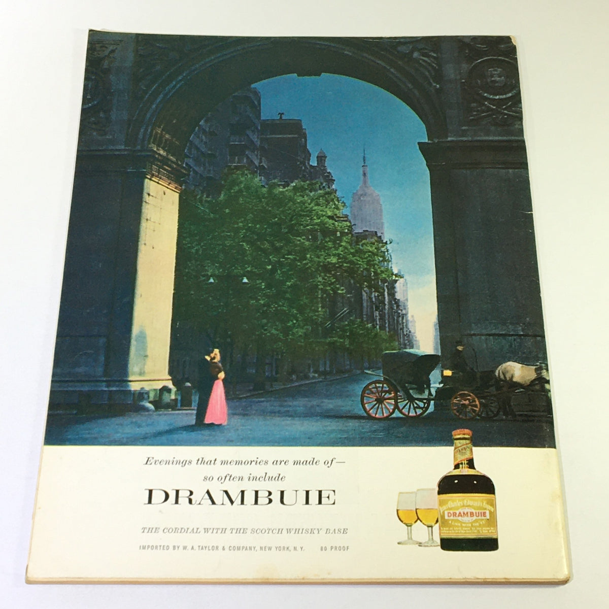 Back cover of VTG Gourmet The Magazine of Good Living September 1964 - The Spice Heritage showcasing a vintage advertisement for Drambuie with a romantic city scene.