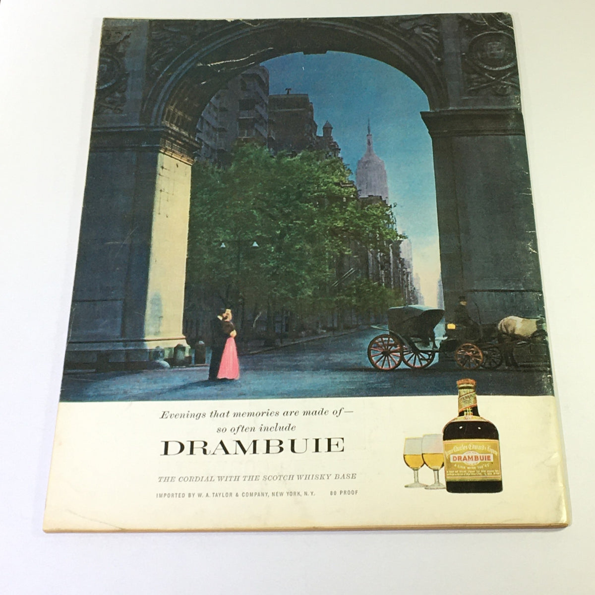 Back cover of VTG Gourmet: The Magazine of Good Living, September 1964, showcasing an advertisement for Drambuie with a romantic urban scene.