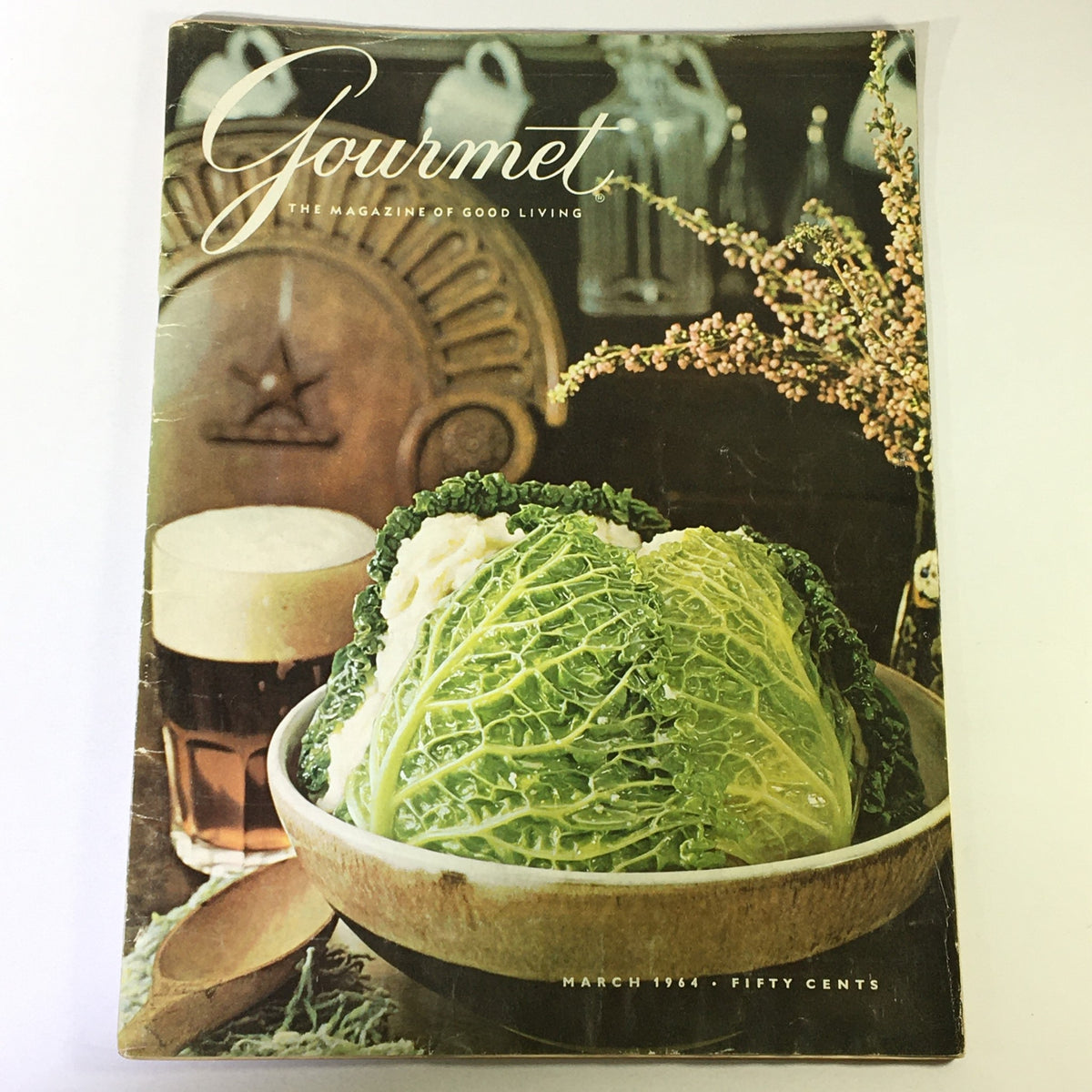 Cover of VTG Gourmet The Magazine of Good Living, March 1964, featuring vibrant cabbage and beer with vintage aesthetic.