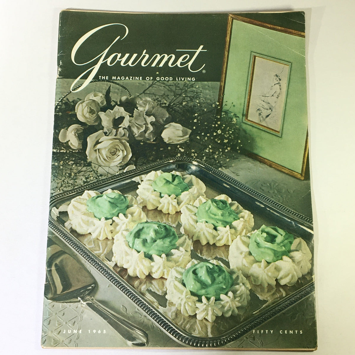 Cover of VTG Gourmet: The Magazine of Good Living, June 1965 edition featuring a decorative platter of green-topped desserts, reflecting the vintage culinary styles of the 1960s.