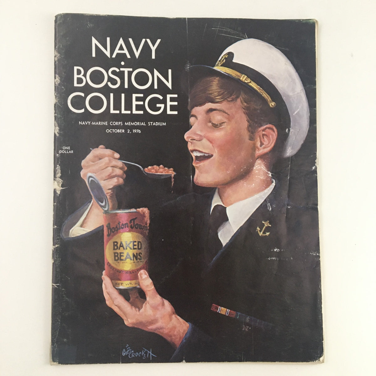 1976 Navy Boston College Navy-Marine Corps Memorial Stadium Program cover featuring a sailor enjoying Boston Baked Beans, showcasing vintage sports memorabilia.