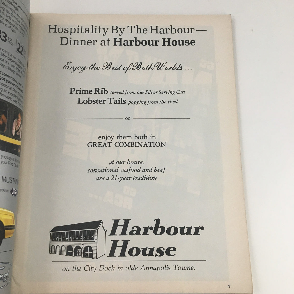 Inside page of the 1981 Navy Air Force Navy-Marine Corps Memorial Stadium Official Program advertising Harbour House dinner options with prime rib and lobster tails.
