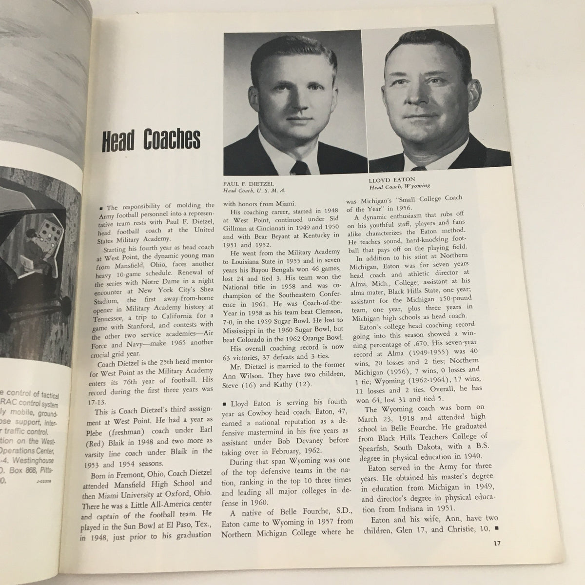 Gridiron Magazine November 13 1965 - Head Coaches featuring Paul F. Dietzel and Lloyd Eaton, highlighting their coaching careers and contributions to college football.