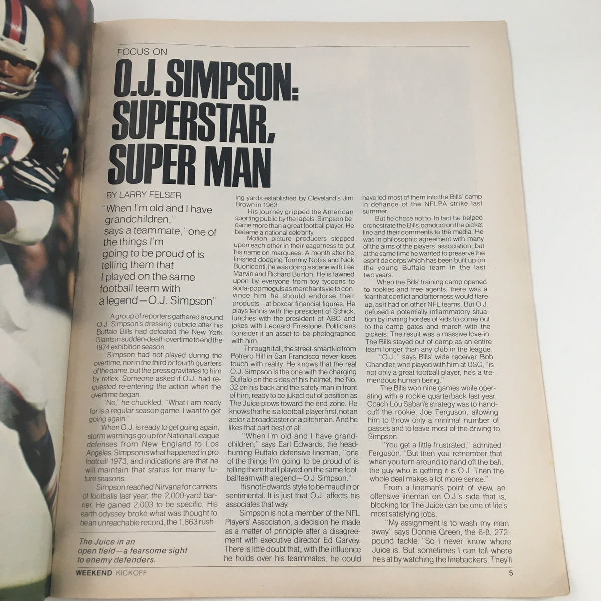 Inside page of Weekend Kickoff Magazine Vol 1 #1 featuring O.J. Simpson: Superstar, Super Man article discussing his legendary career with the Buffalo Bills.