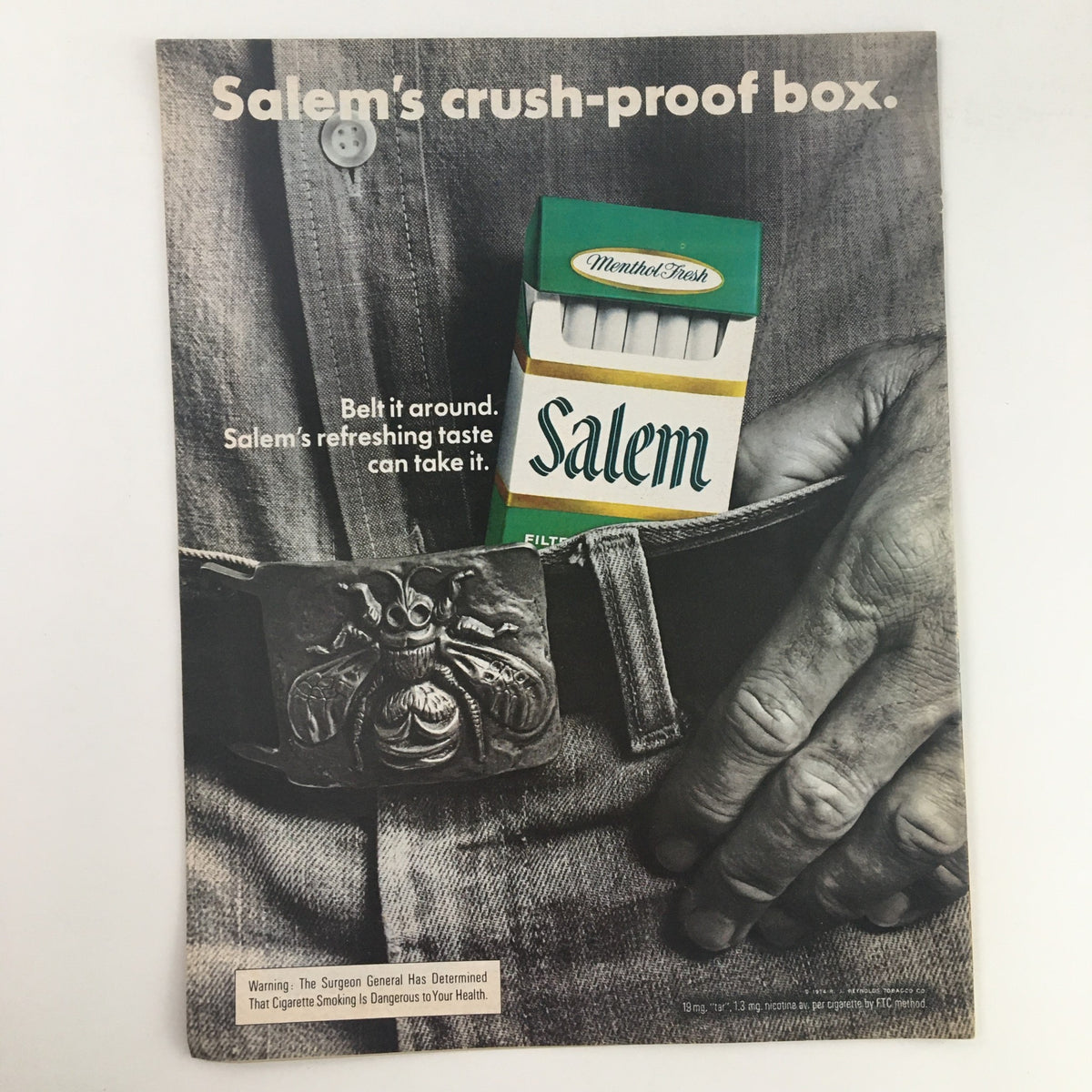 Vintage advertisement for Salem cigarettes featured in Weekend Kickoff Magazine Vol 1 #1, highlighting a unique crush-proof box design.