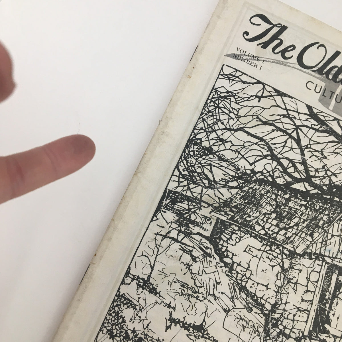 Side view of The Olde York Times Magazine April 1, 1973, showcasing the Cultural Review title with a highlighted illustration detail.