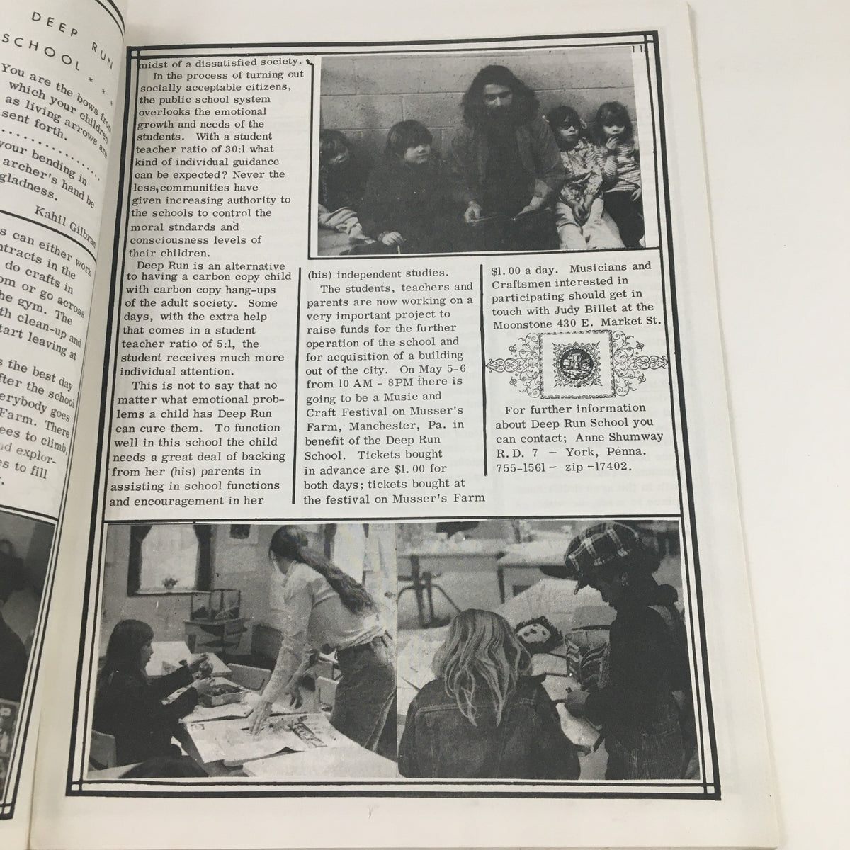 Image from The Olde York Times Magazine April 1, 1973 showcasing the Deep Run School and alternative education with community insights.