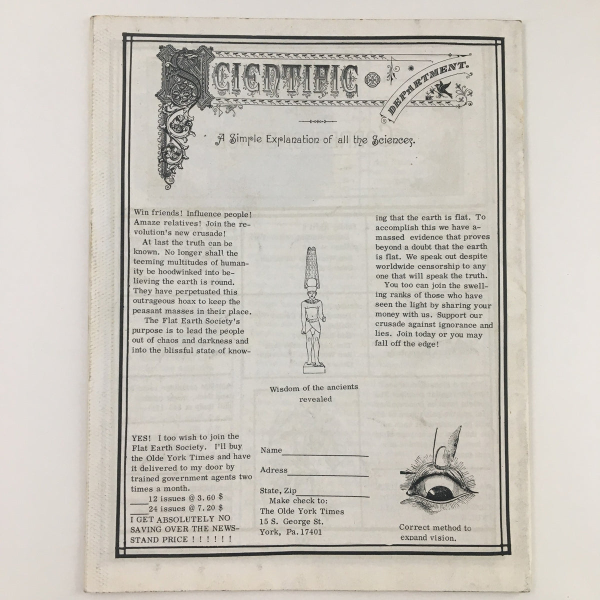 Promotional page from The Olde York Times Magazine April 1, 1973 for joining the Flat Earth Society, presenting a humorous take on societal beliefs.